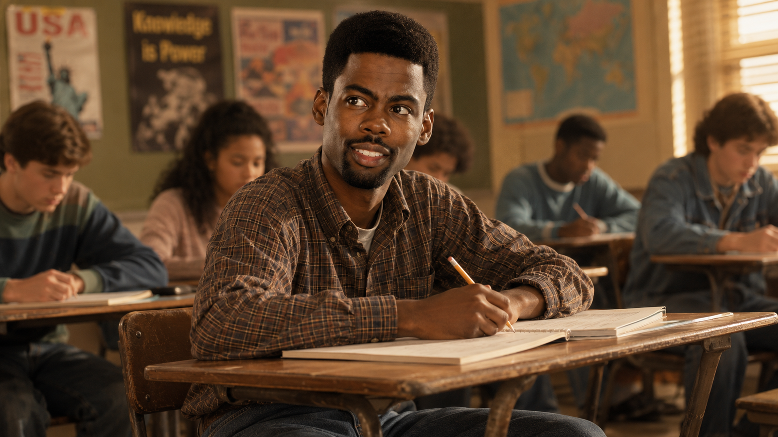 Chris Rock jovem, na escola, refletindo sobre a vida real que inspirou Todo Mundo Odeia o Chris