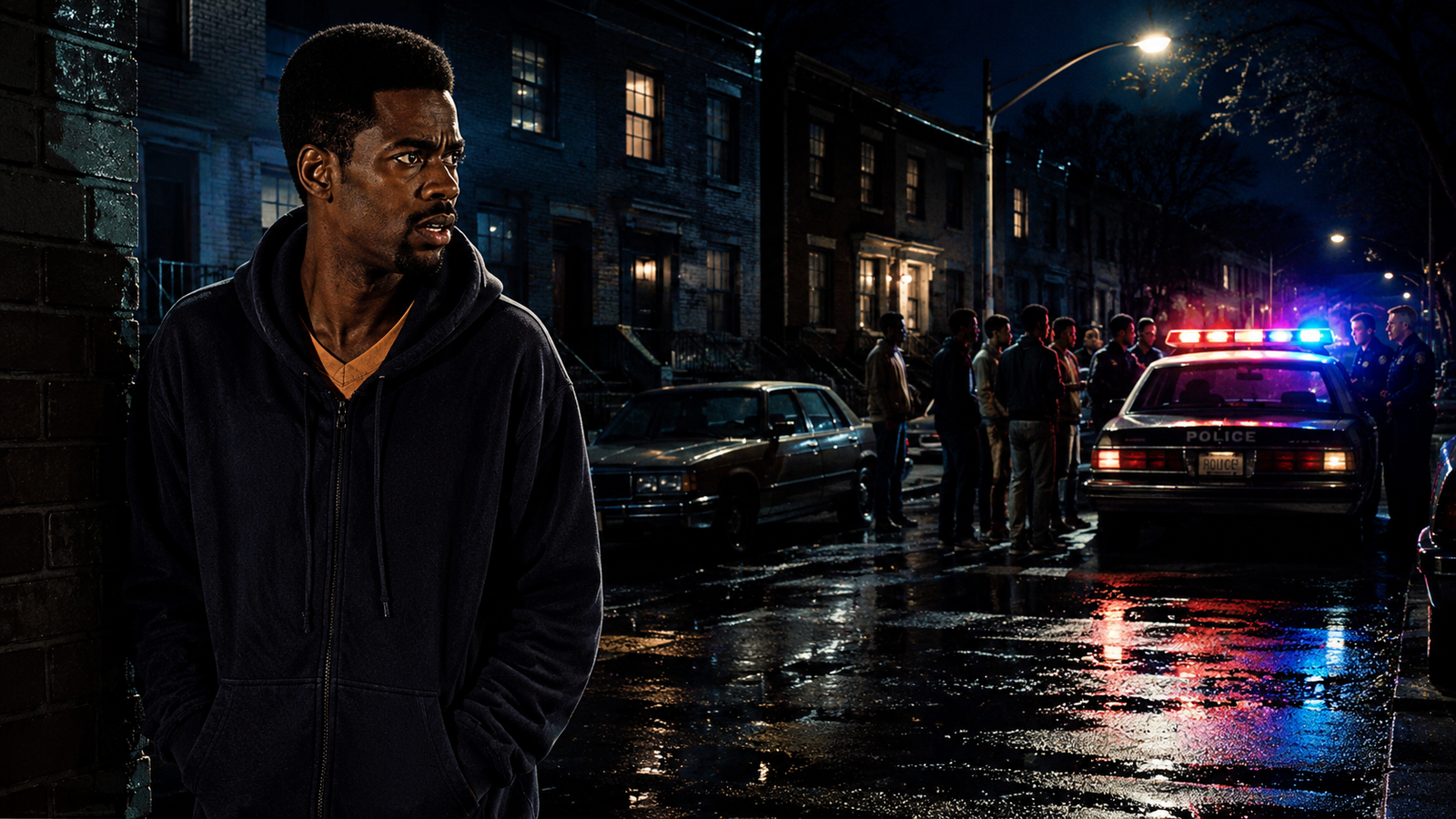 Chris Rock observando cena policial em Brooklyn, retratando a realidade da vida de Rock