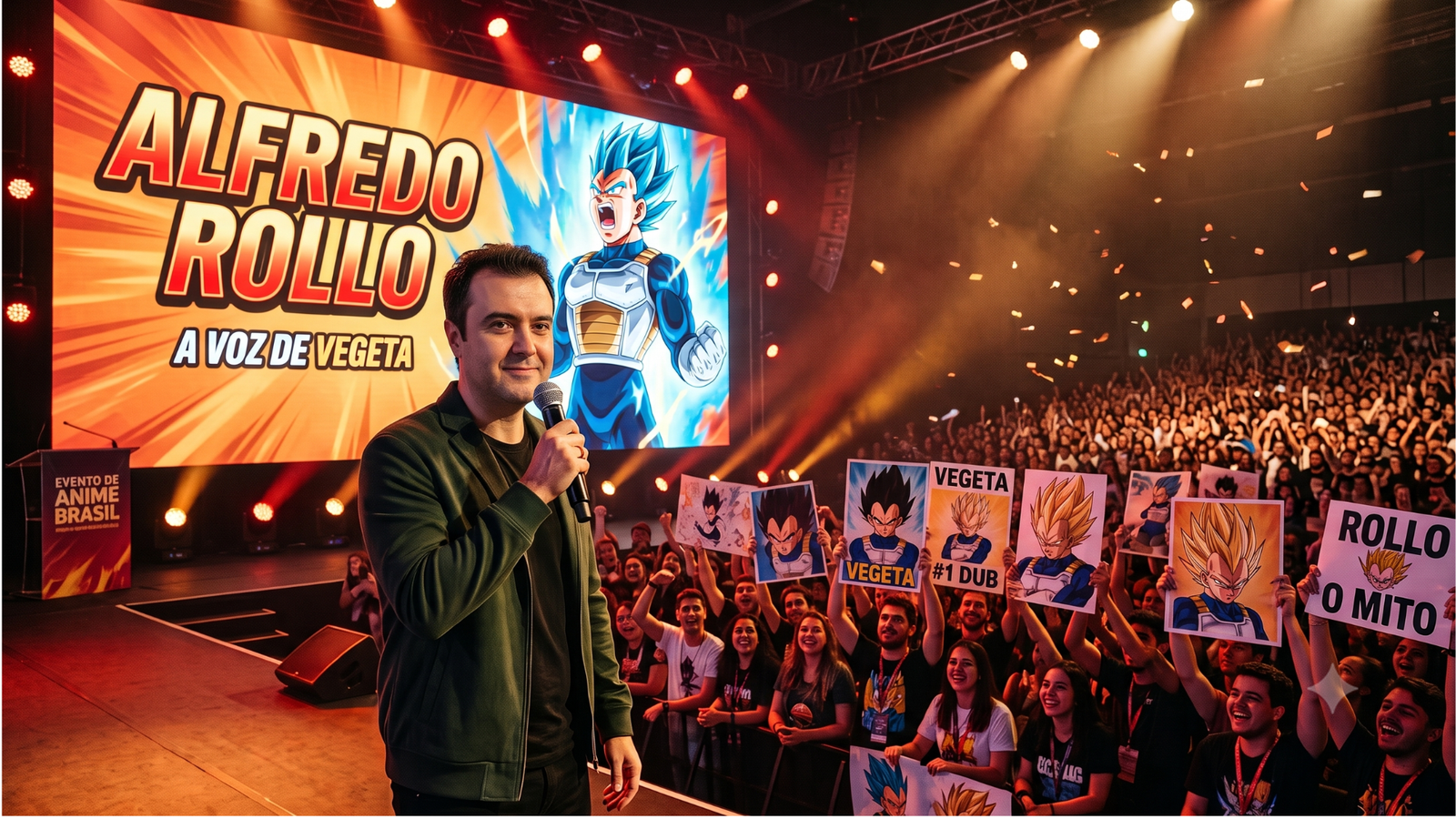 Alfredo Rollo em evento de anime com fãs de Vegeta