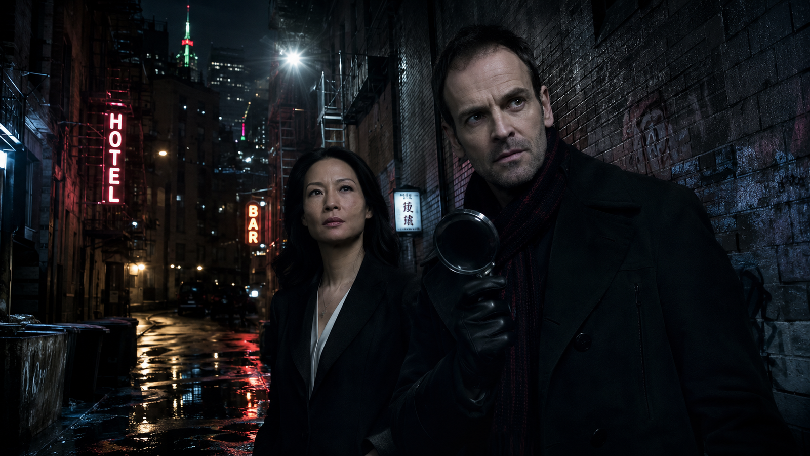 Sherlock Holmes e Joan Watson investigando um beco escuro em Nova York, com foco na iluminação dramática e expressões sérias.