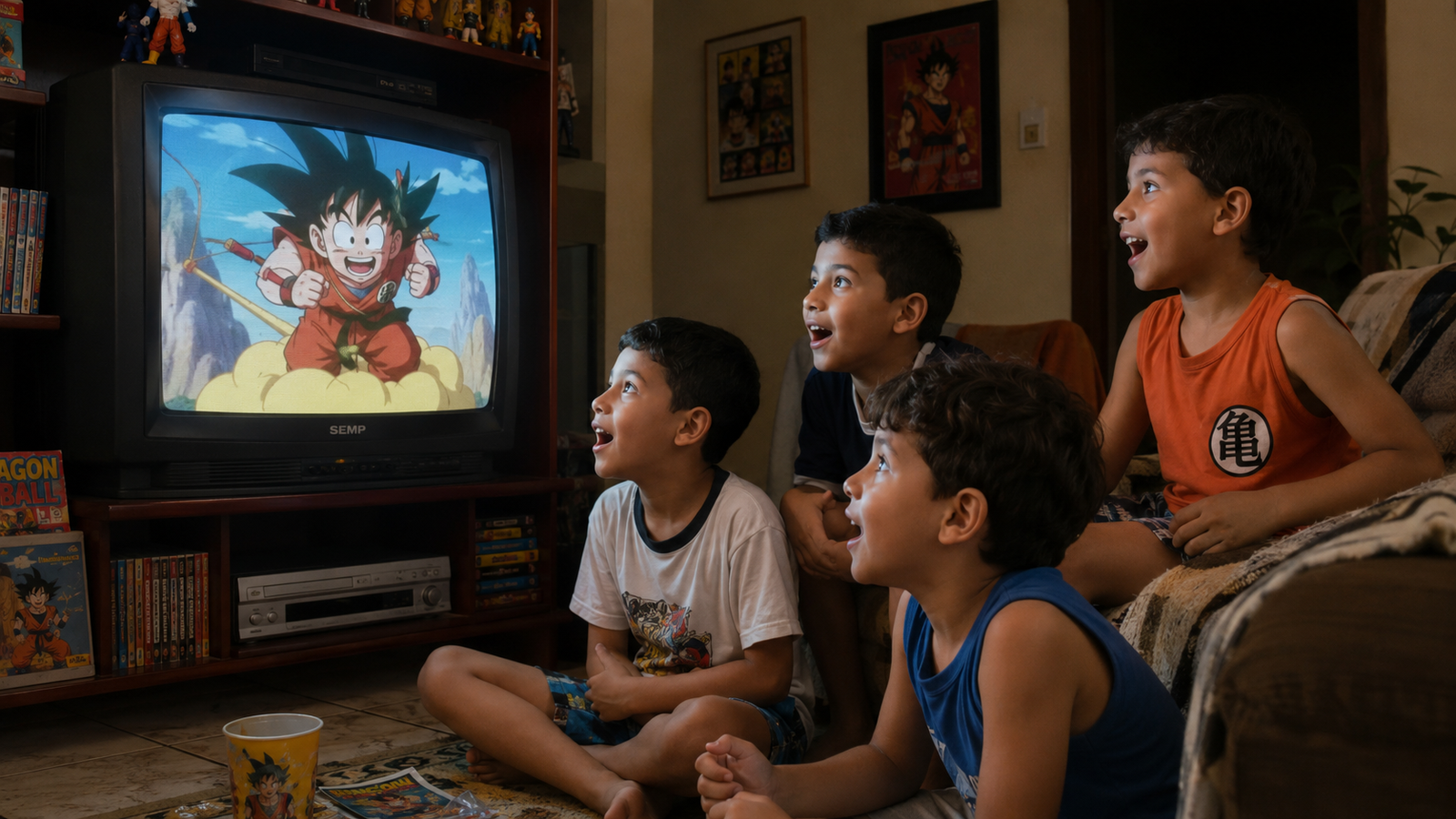 Crianças assistindo Dragon Ball na televisão.