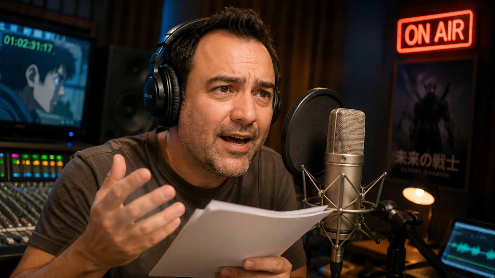 Dublador gravando em estúdio para Dragon Ball Z
