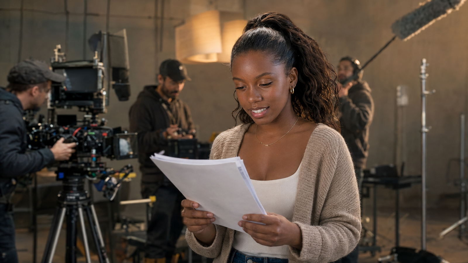 Imani Hakim em set de filmagem revisando roteiro