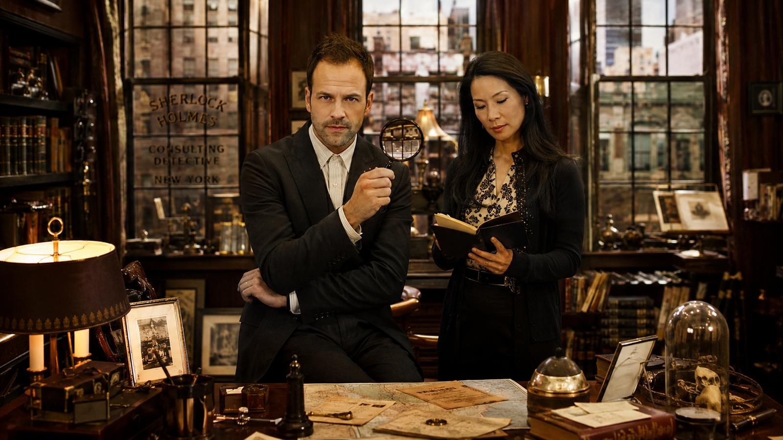 Watson e Holmes no estúdio investigativo de Elementary, cercados por artefatos e livros, iluminação golden hour em ambiente moderno