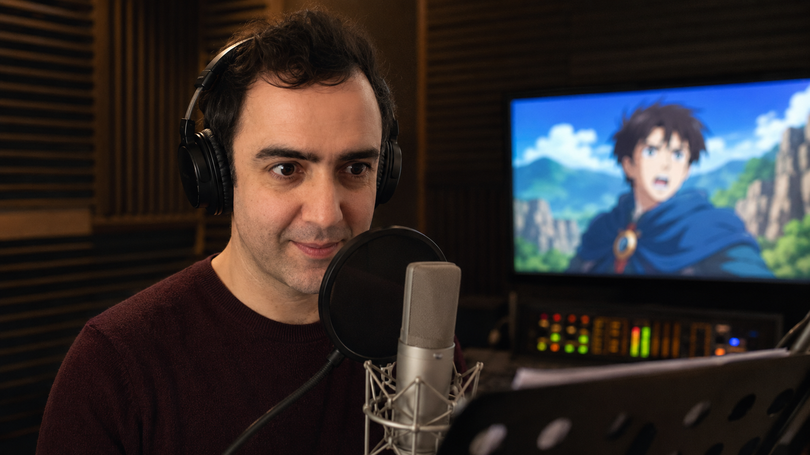 Dublador em estúdio trabalhando em anime