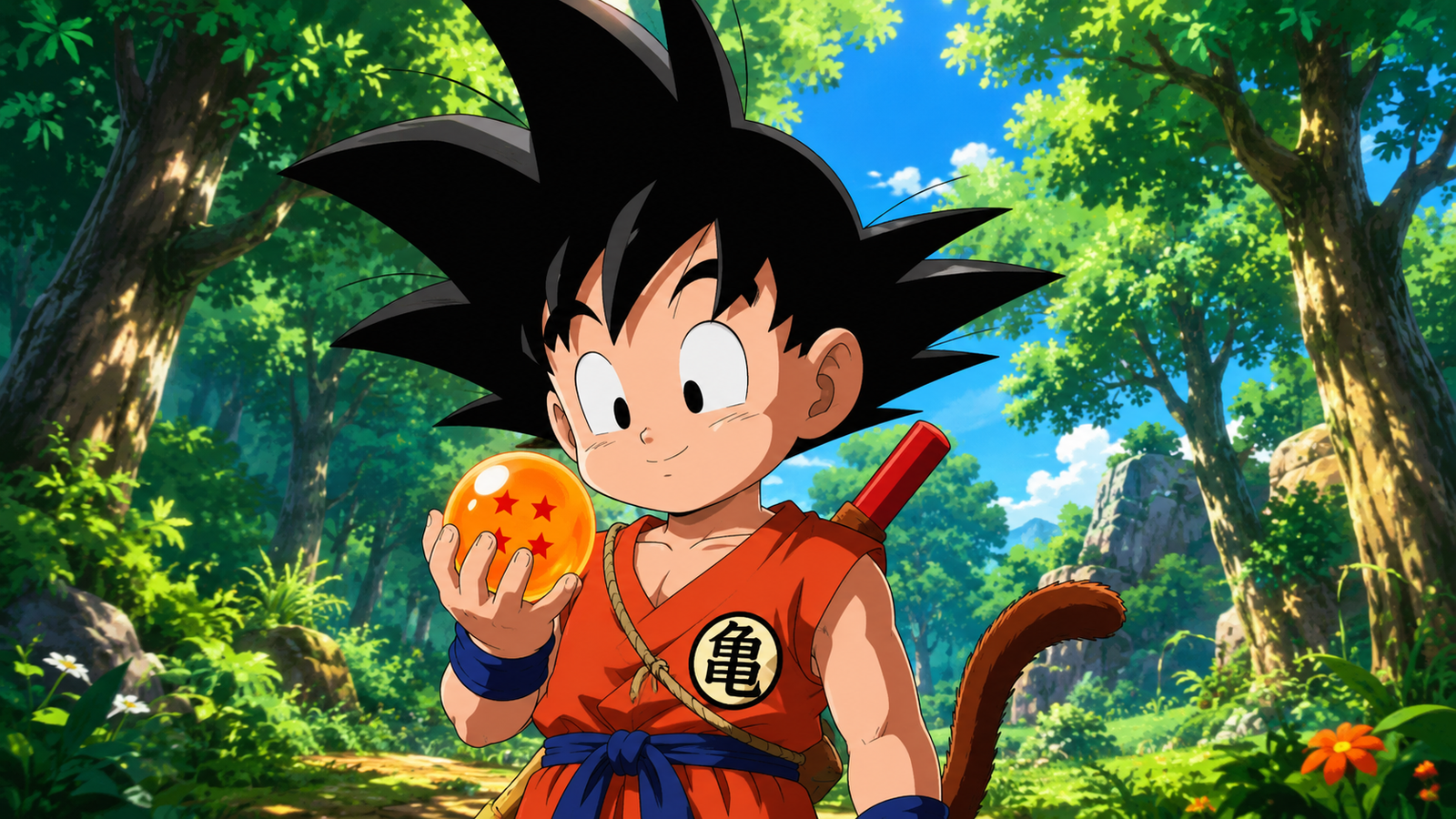 Goku segurando esfera do dragão na floresta