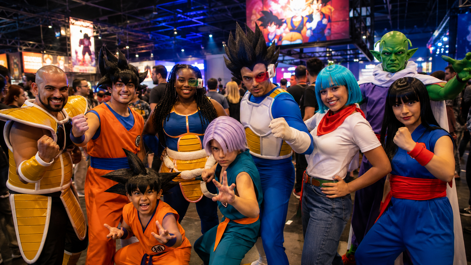 Fãs de Dragon Ball em cosplay em convenção de anime.