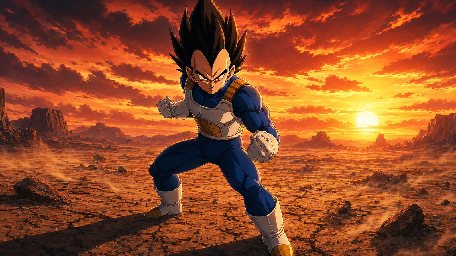 Vegeta pose de luta deserto pôr do sol