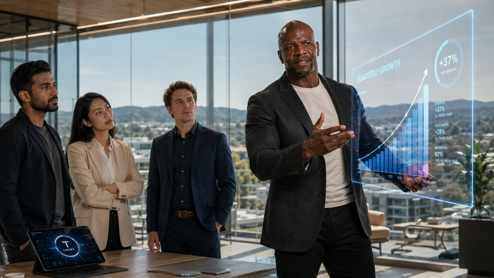 Terry Crews em reunião de investimento com startups de tecnologia criativa