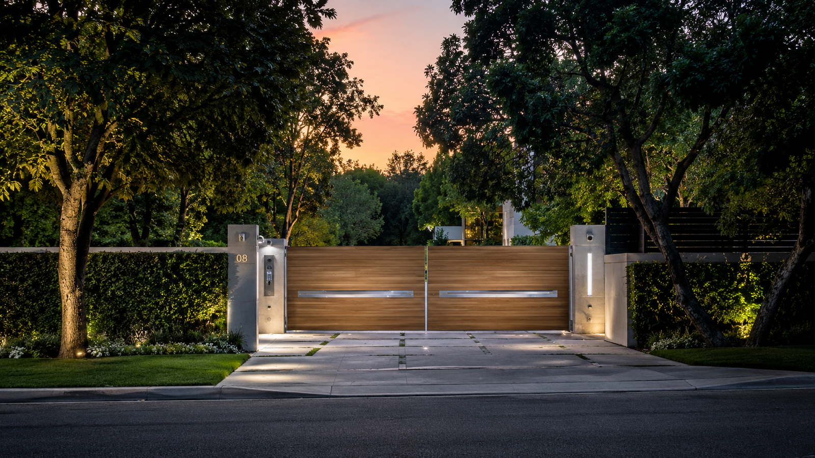 Portão de segurança de mansão em Pacific Palisades, acesso exclusivo para residências de celebridades