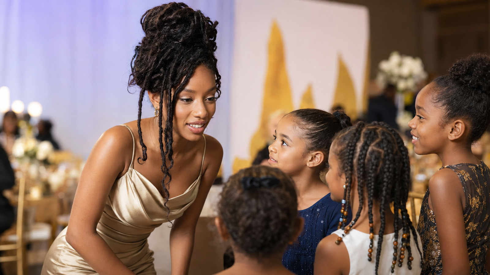 Imani Hakim em evento de caridade interagindo com crianças