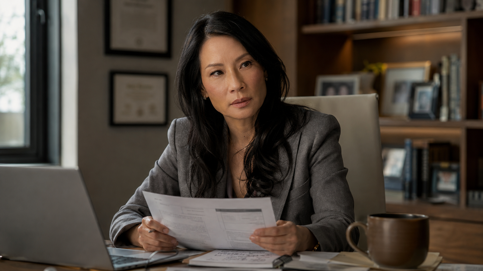 Joan Watson concentrada em investigação, ambiente de consultório moderno, Lucy Liu em Elementary