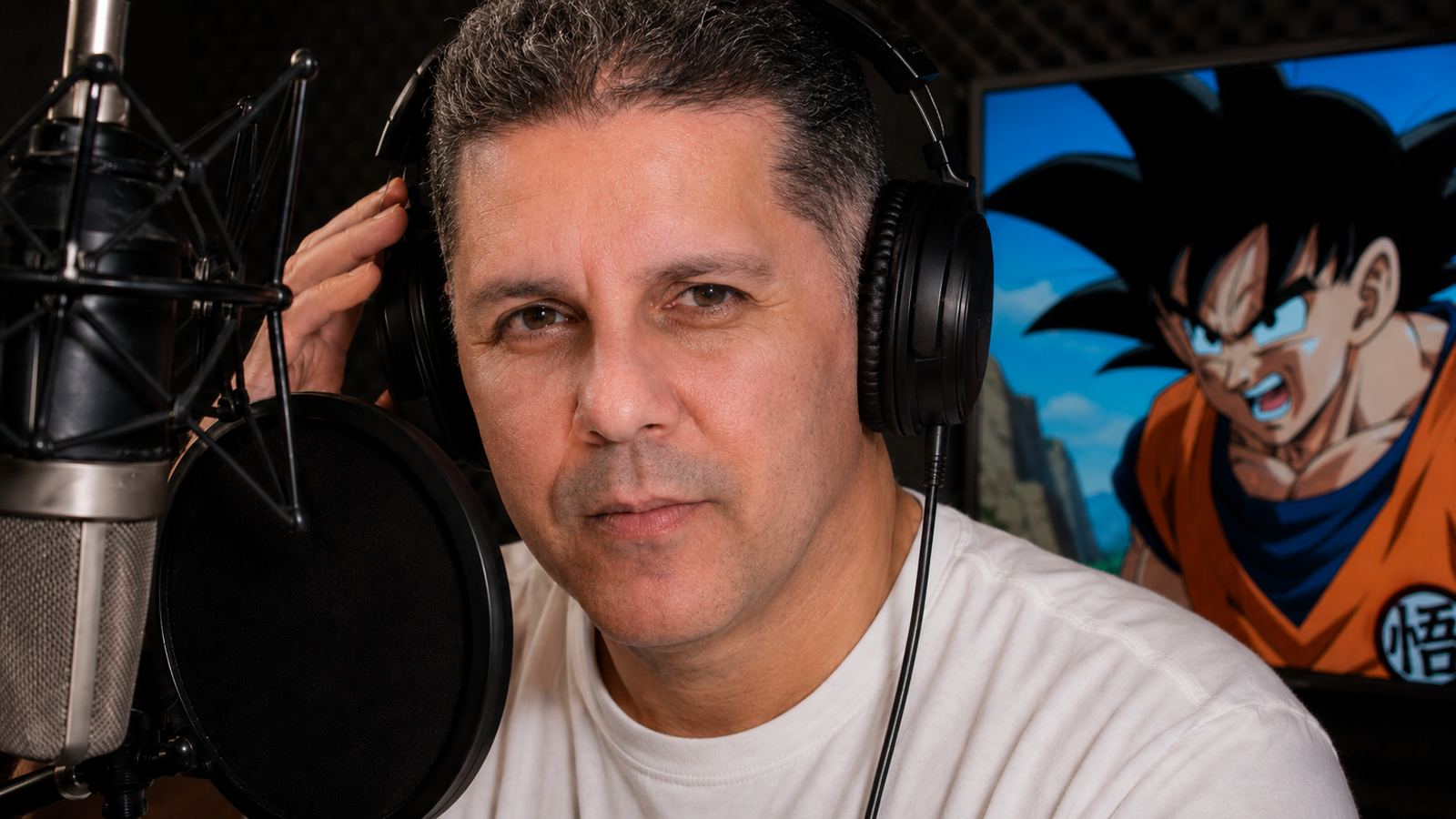 Wendel Bezerra dublando Goku no estúdio