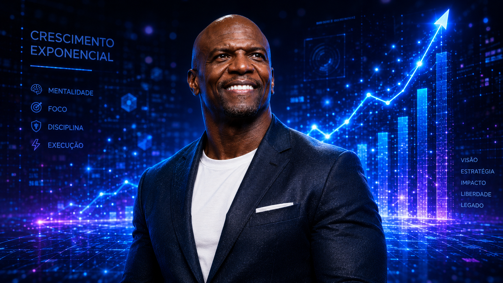 Representação visual do crescimento financeiro e impacto de Terry Crews em tecnologia e entretenimento