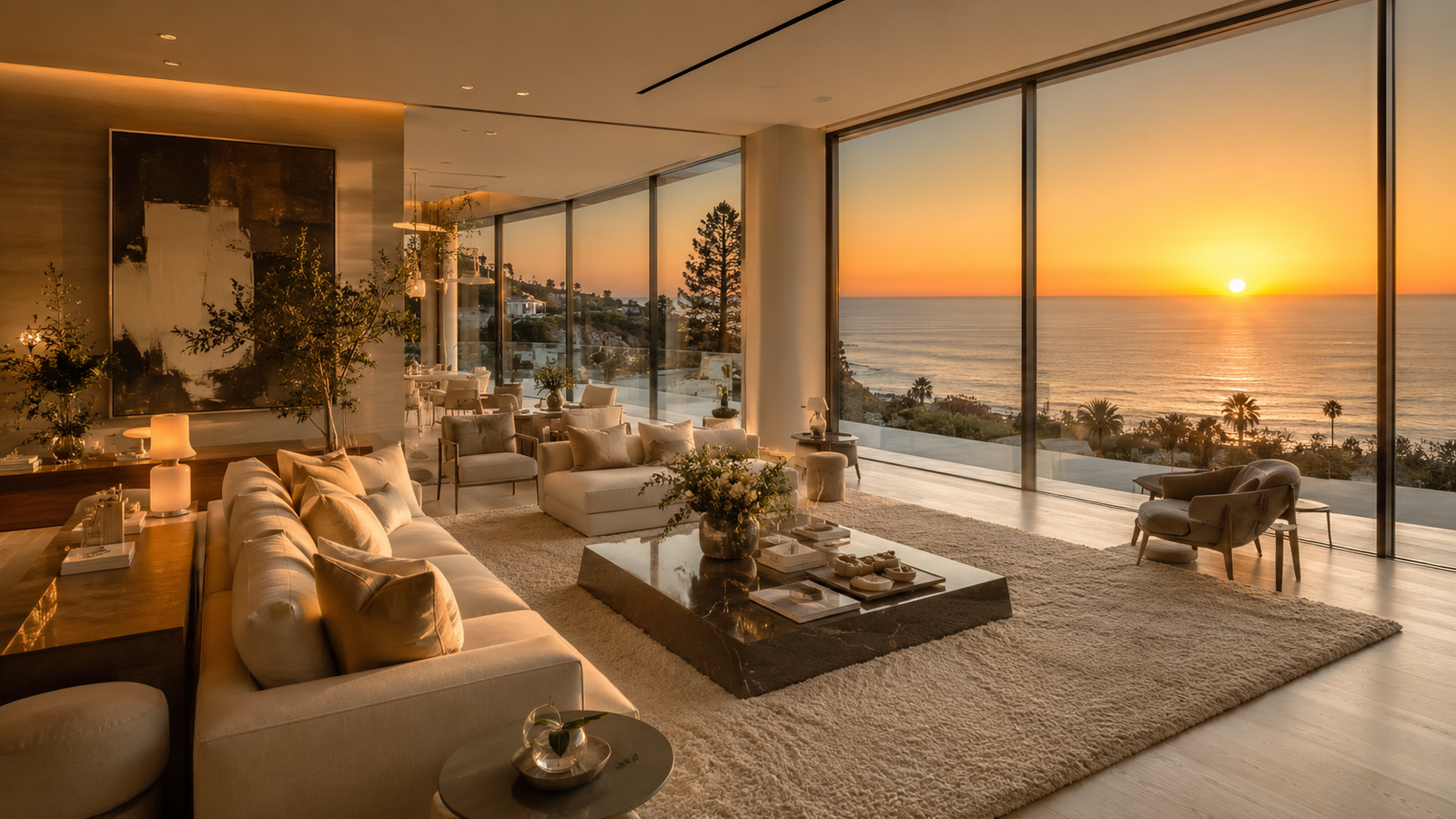 Interior de mansão em Pacific Palisades com vista para o Oceano Pacífico, residência de luxo de celebridades