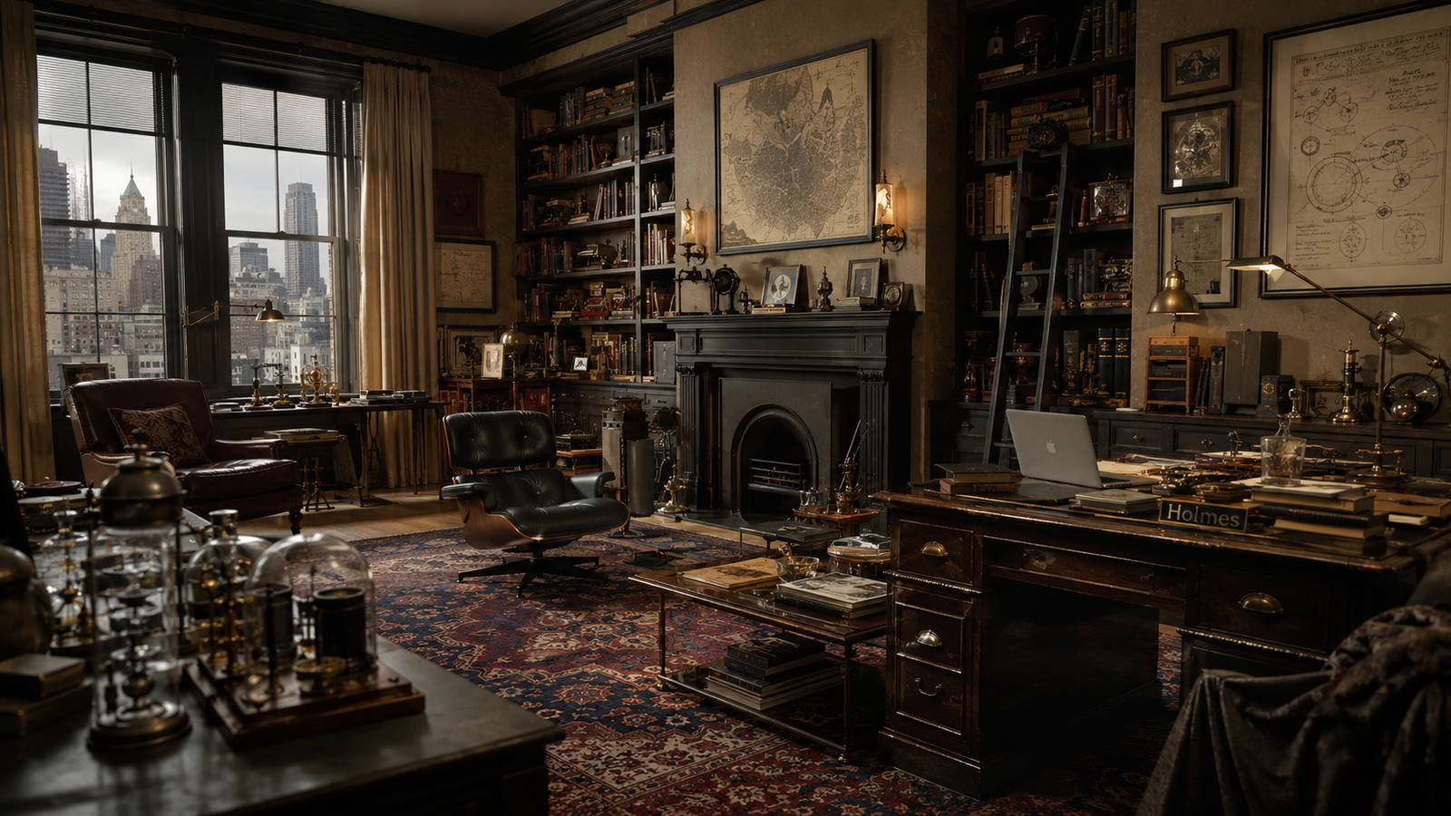 Estúdio de investigação de Sherlock Holmes em Elementary, apartamento em Nova York com decoração sofisticada e artefatos investigativos