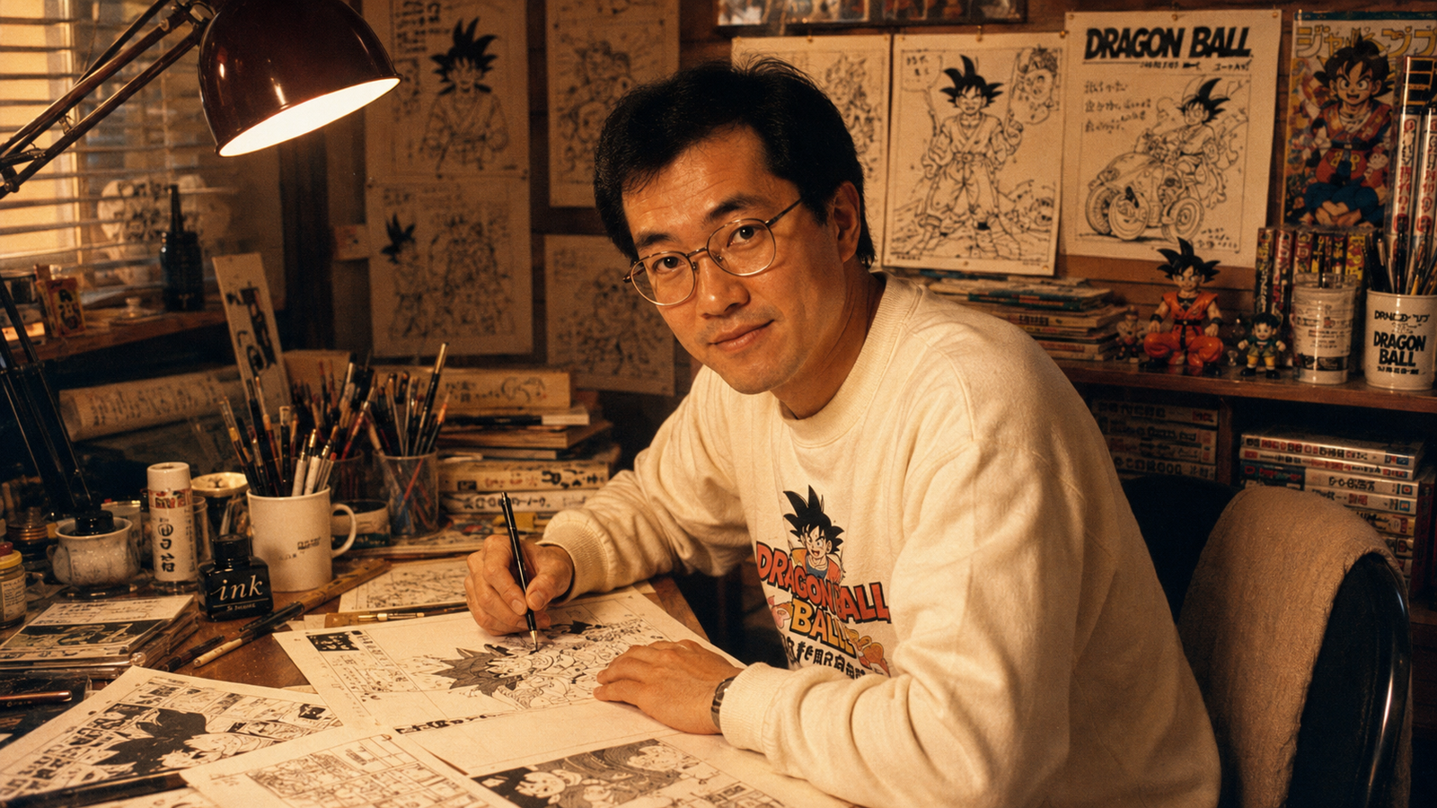 Akira Toriyama em seu estúdio com artes de Dragon Ball