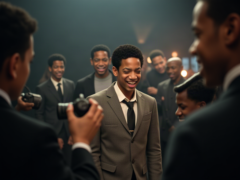 Tyler James Williams e elenco rindo durante gravação.