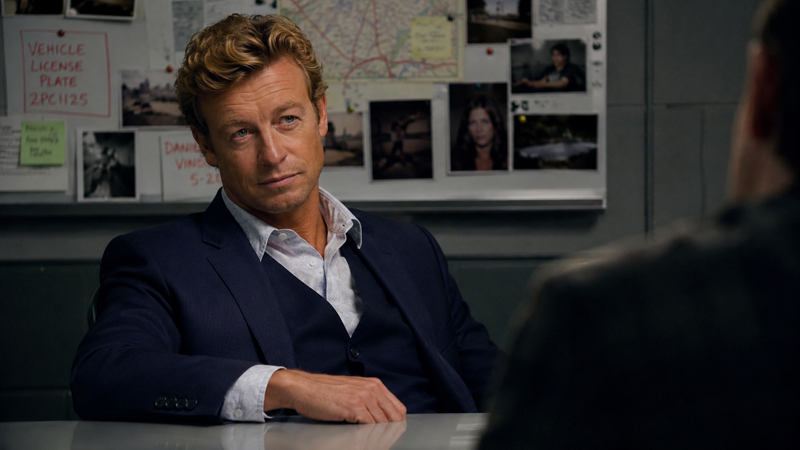 Patrick Jane interrogando com expressão perspicaz
