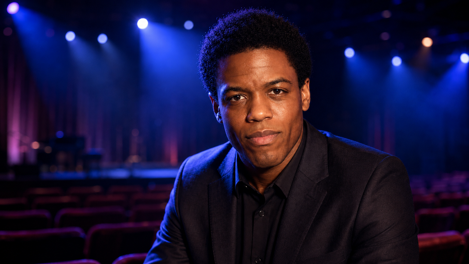 <strong>Jon Michael Hill</strong> refletindo no palco de um teatro, com iluminação dramática