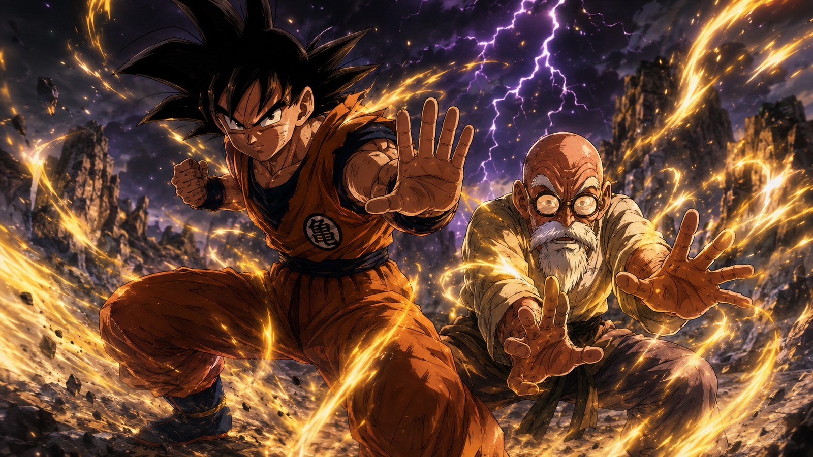 Cena de treinamento intenso de Goku na montanha com efeitos de energia e tempestade ao fundo