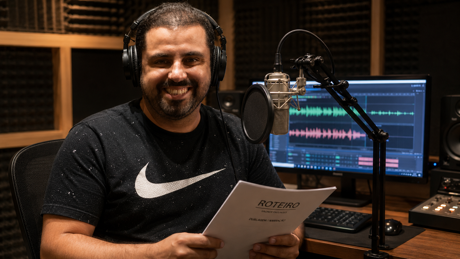 Vagner Fagundes no estúdio de dublagem