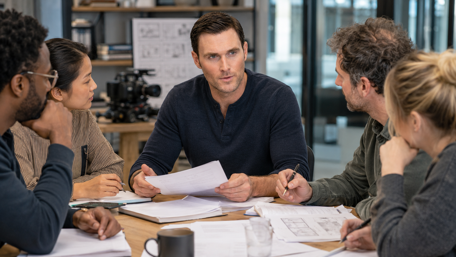 Owain Yeoman em reunião de produção cinematográfica