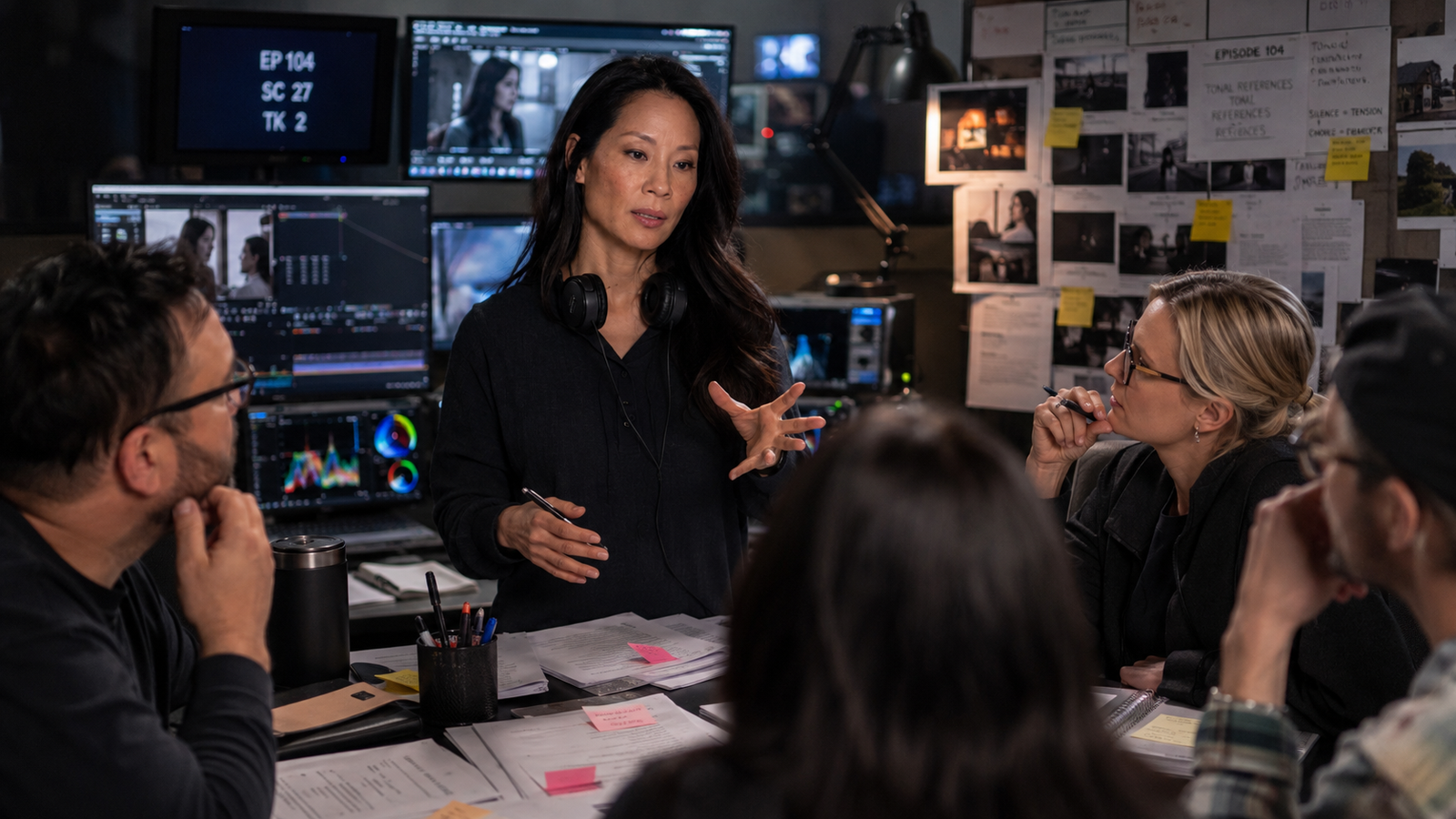 Lucy Liu em uma sala de produção