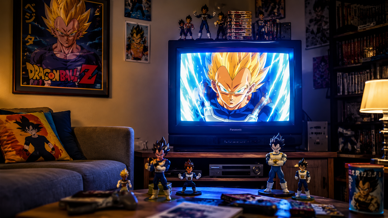 Sala temática de fã de Dragon Ball com memorabilia de Vegeta e cenas da série clássica