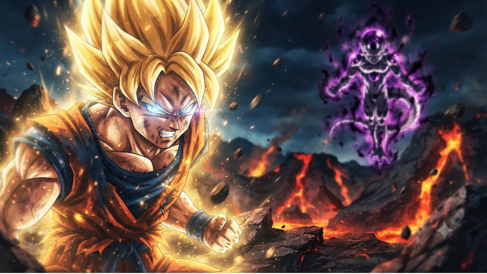 Goku em confronto épico com Freeza em planeta em colapso com aura de poder
