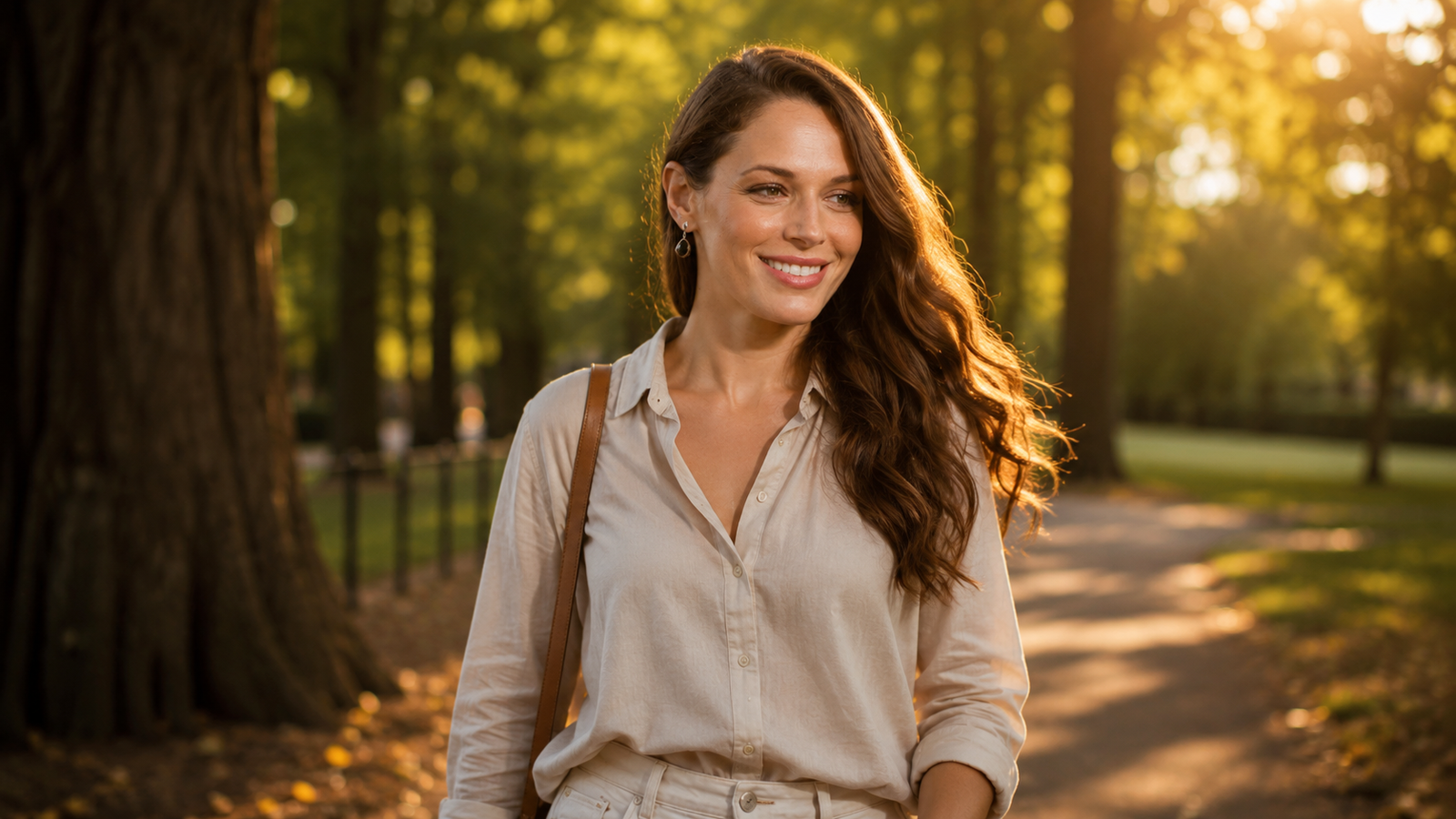 Amanda Righetti em parque natural 2026, atriz longe de Hollywood em ambiente tranquilo