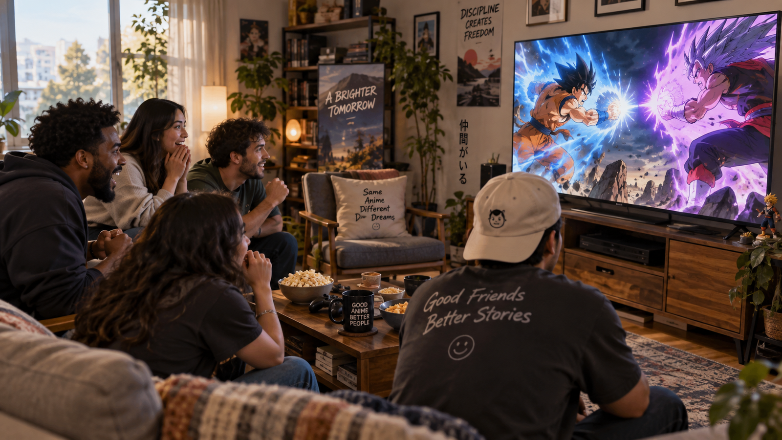 Fãs assistindo Dragon Ball em casa