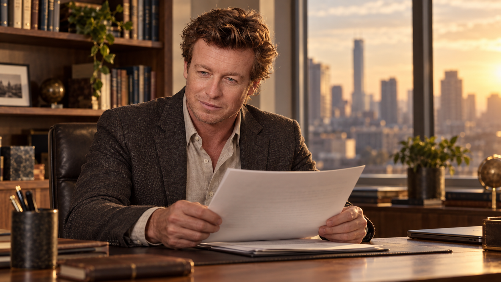 Patrick Jane interpretando o mentalista em ambiente de escritório.