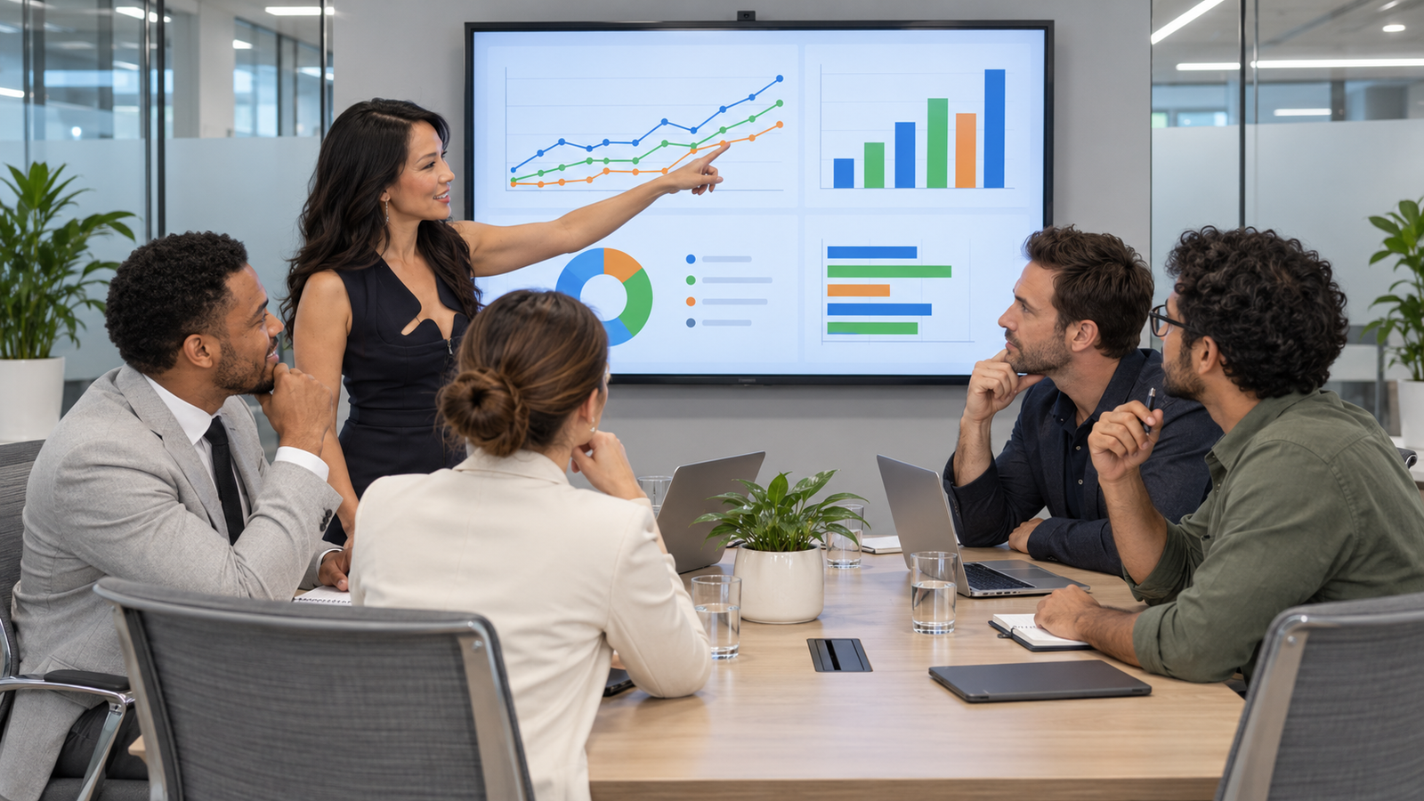 Equipe analisando métricas e dashboards de Elementary em sala de reuniões corporativa