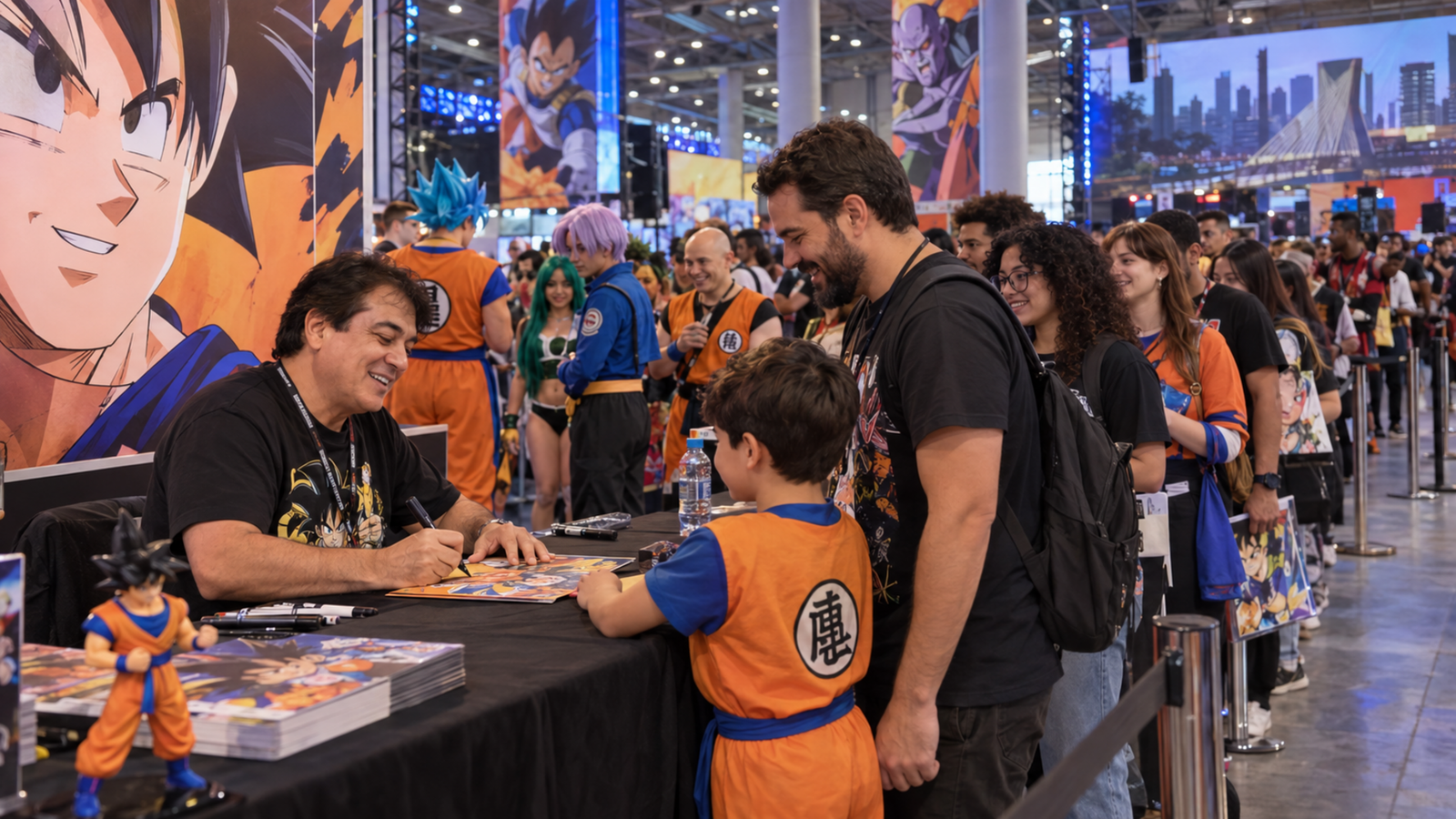 Convenção de animes com dublador de Dragon Ball interagindo com fãs