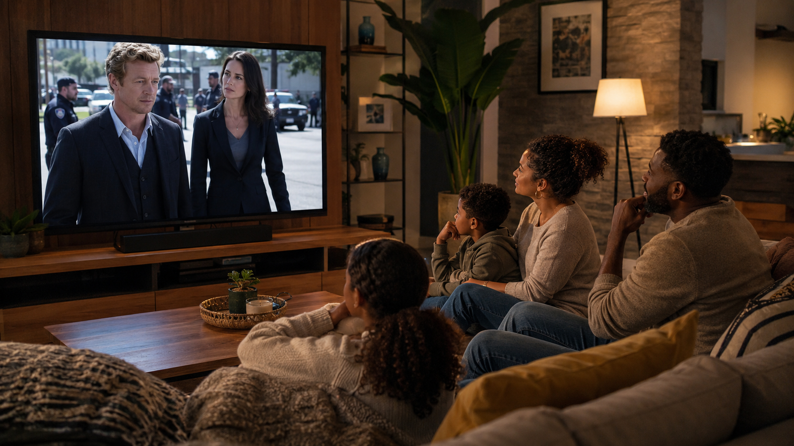 Família assistindo "O Mentalista" em casa.