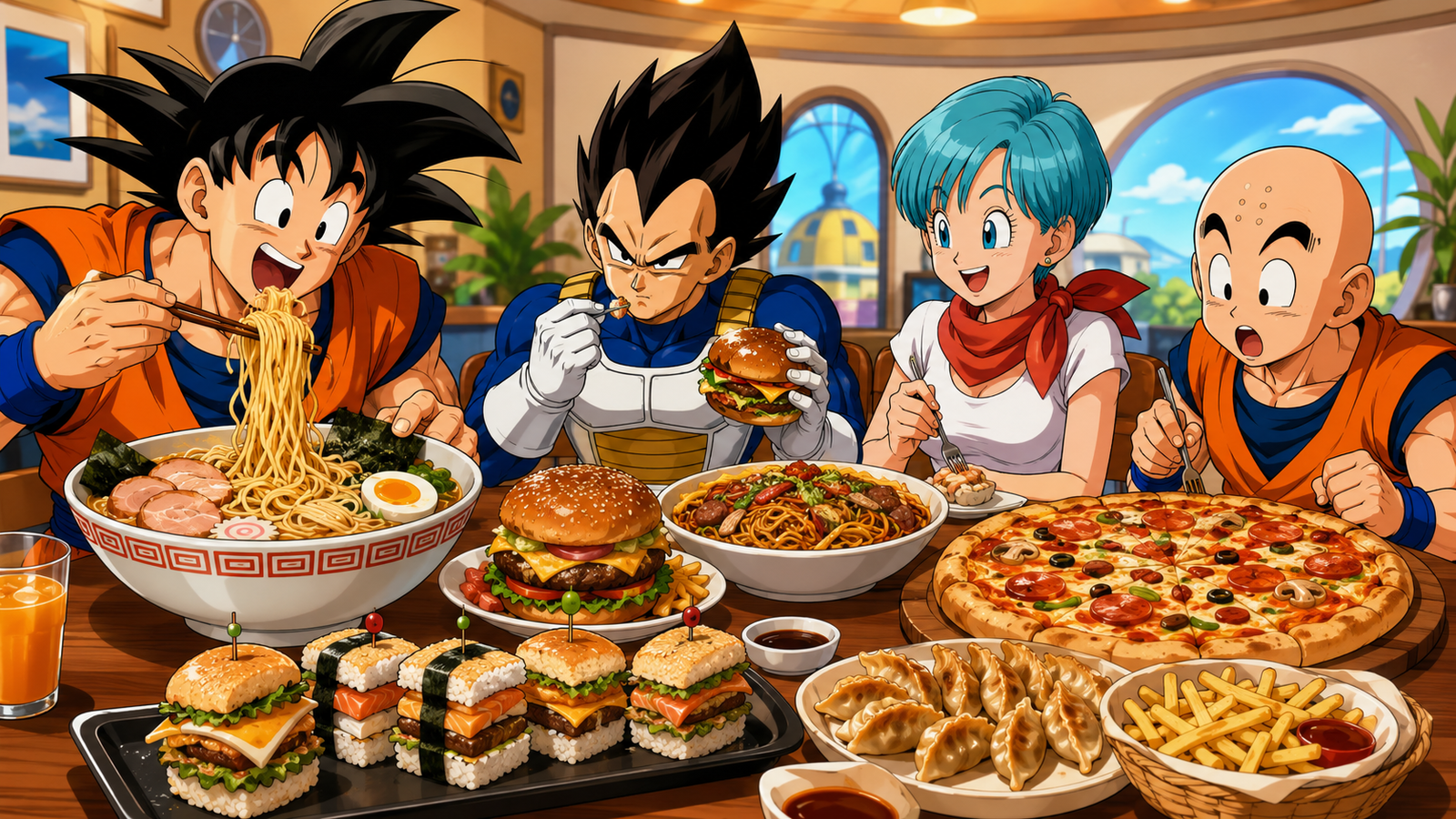Adaptação cultural em Dragon Ball com refeições ocidentais.