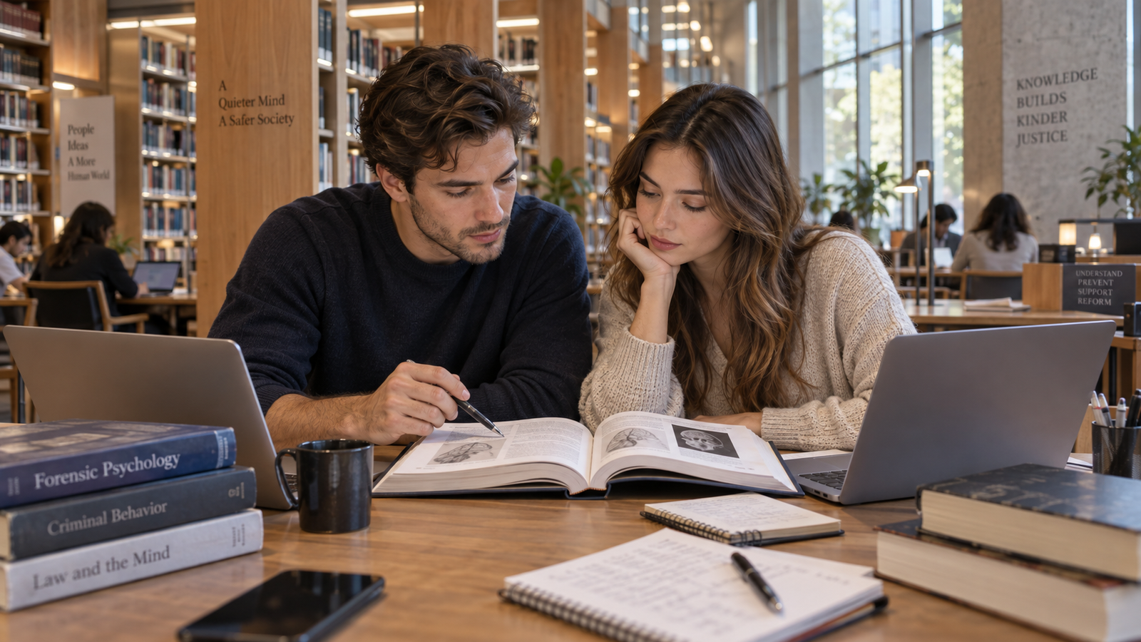 Jovens estudando psicologia forense em biblioteca moderna.