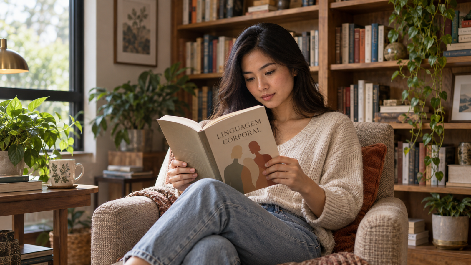 Mulher lendo livro sobre linguagem corporal em ambiente acolhedor.