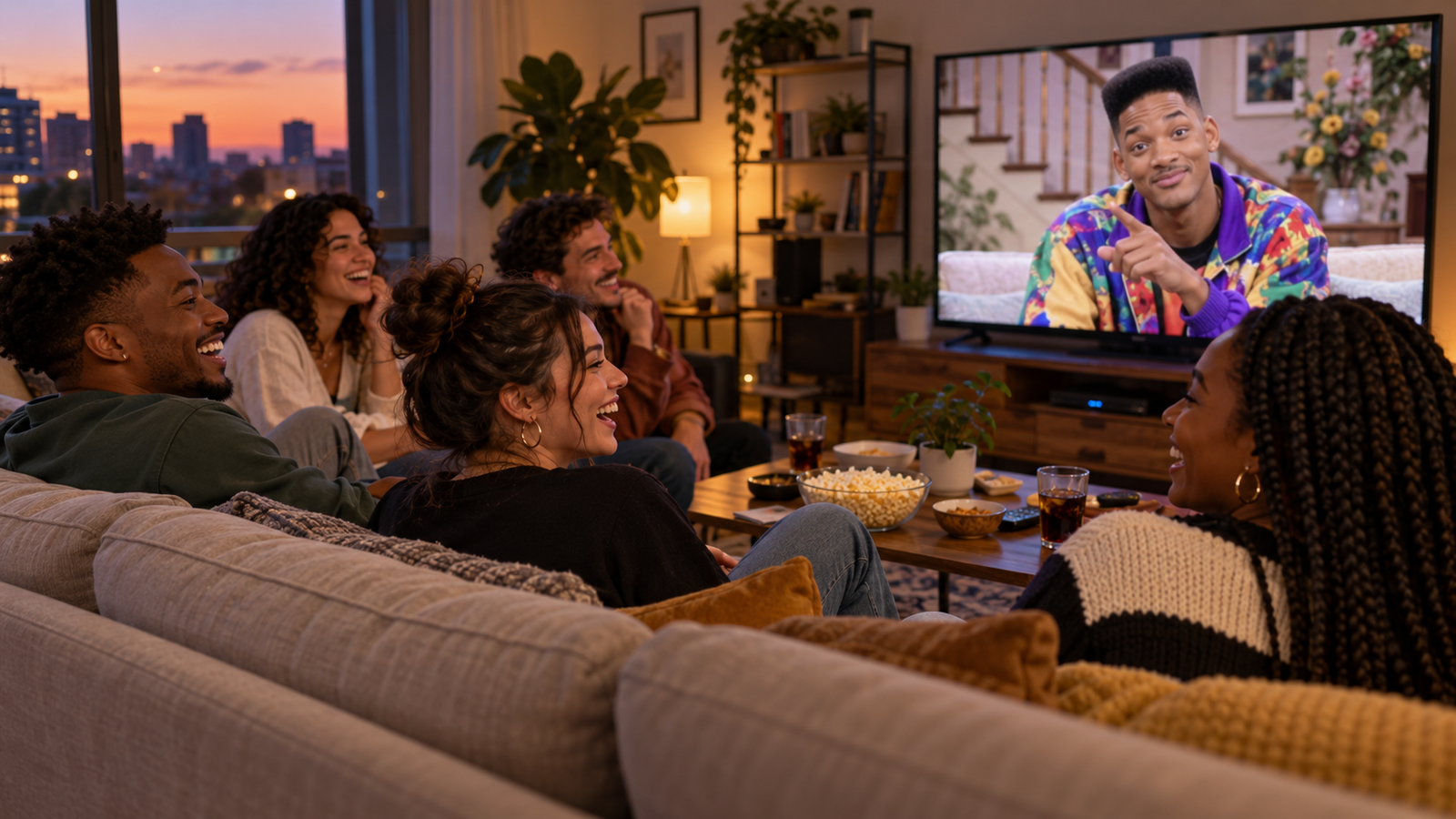 Jovens assistindo Um Maluco no Pedaço.