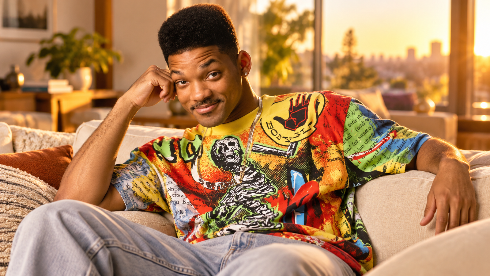 Jovem homem afro-americano com roupas estilo anos 1990 em sala de estar aconchegante com iluminação natural