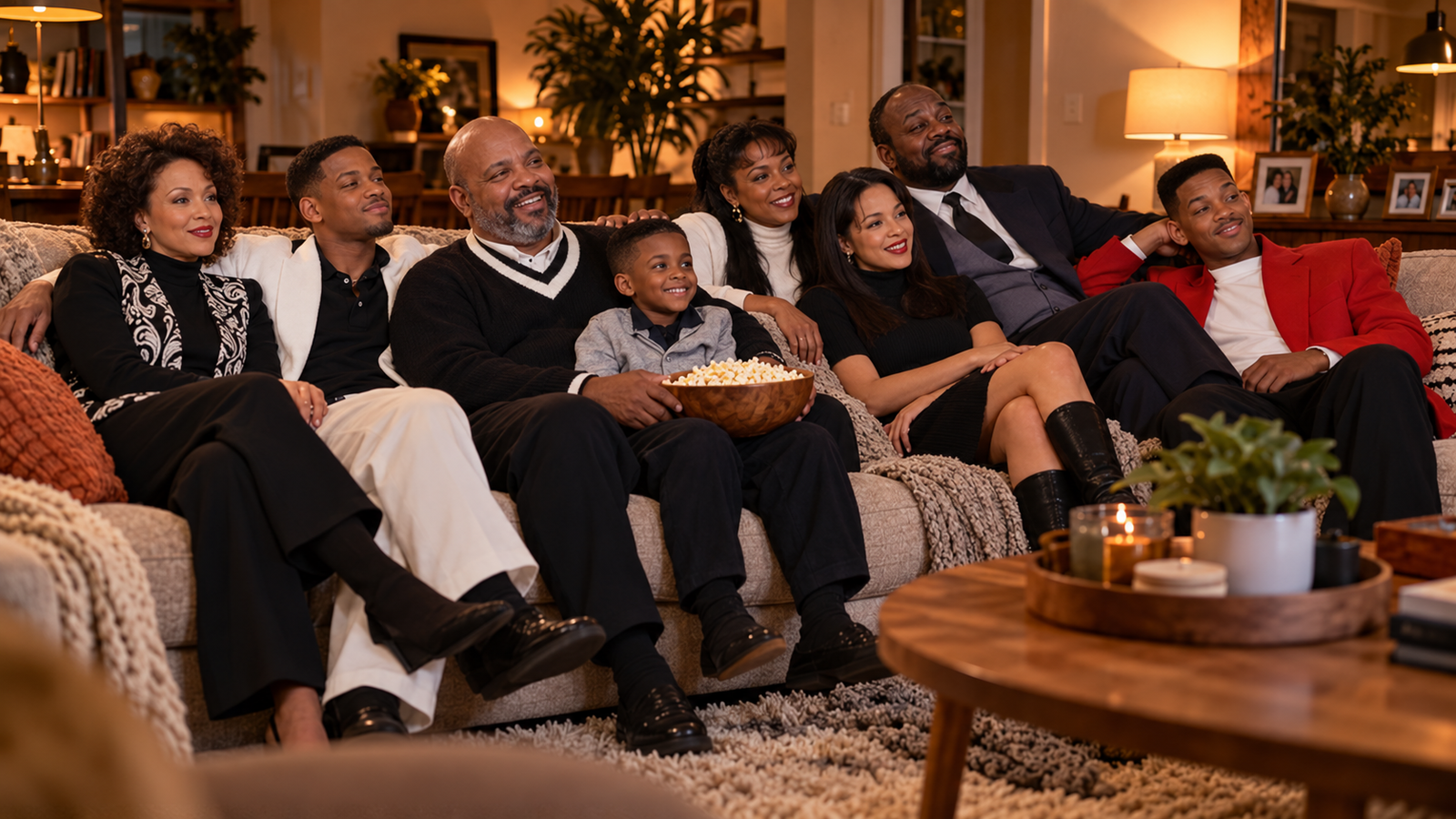 Família assistindo TV com nostalgia e alegria
