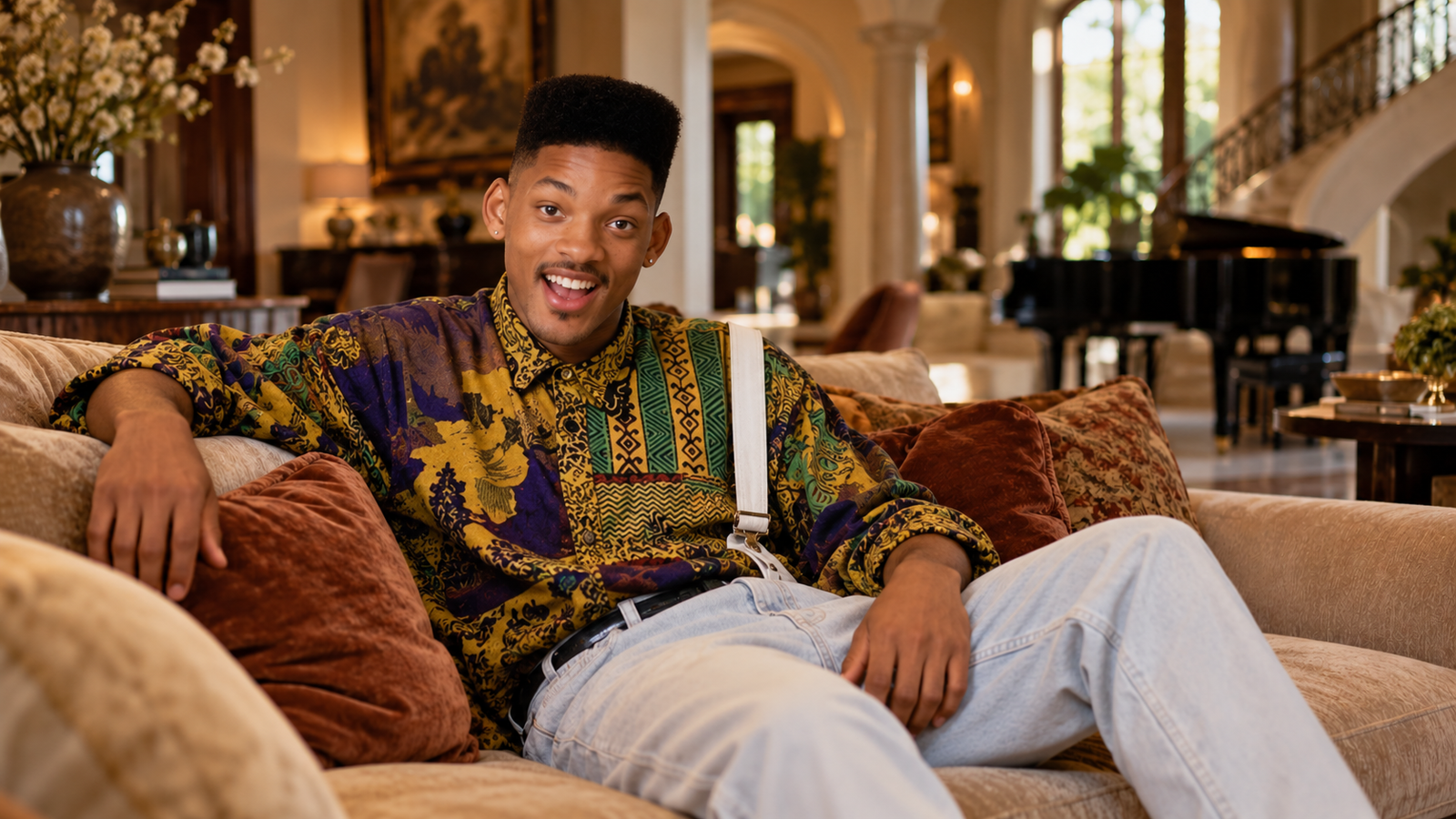 Jovem afro-americano em sala de estar luxuosa estilo Bel-Air.