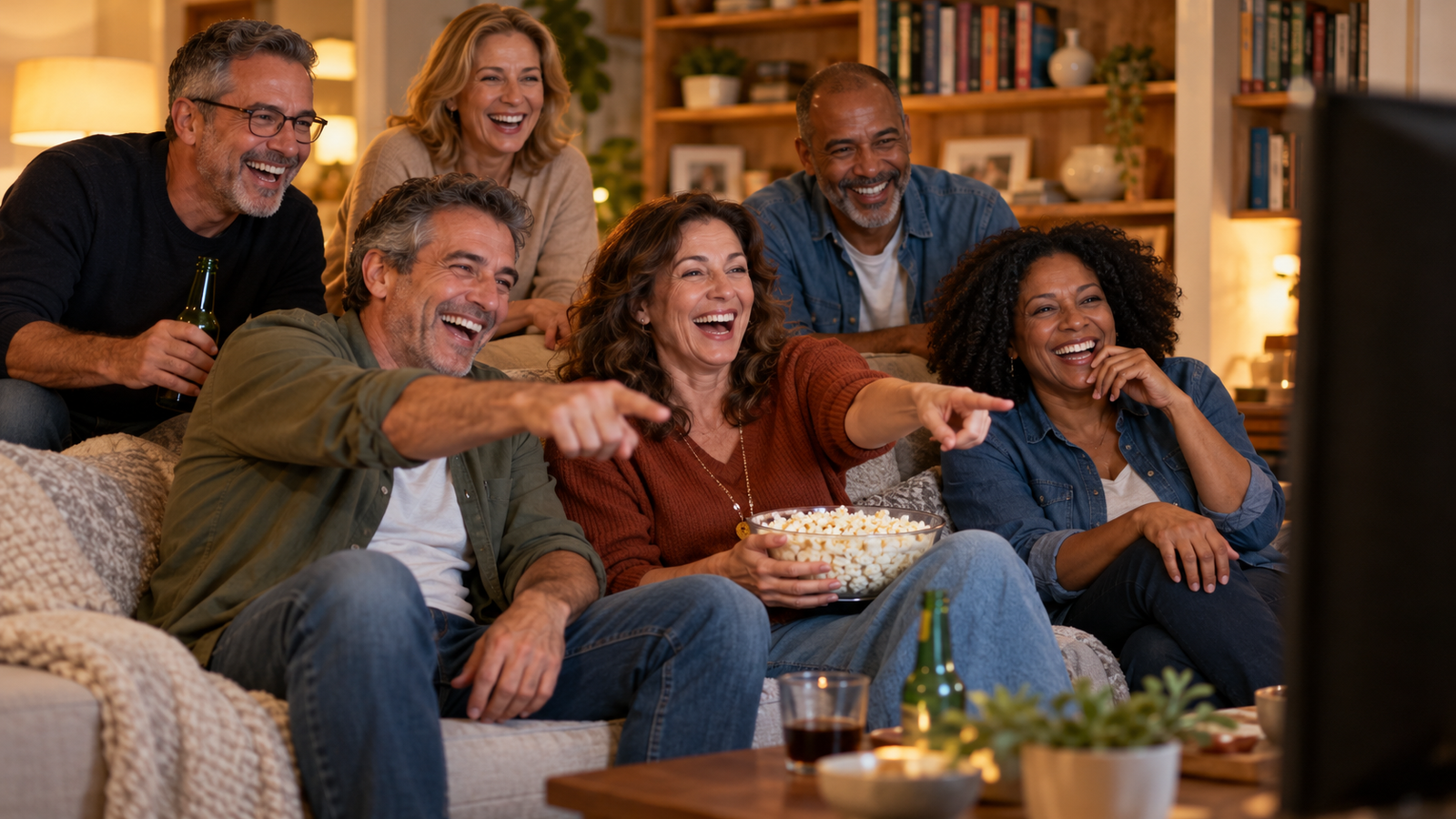Adultos assistindo TV em uma sala de estar aconchegante.