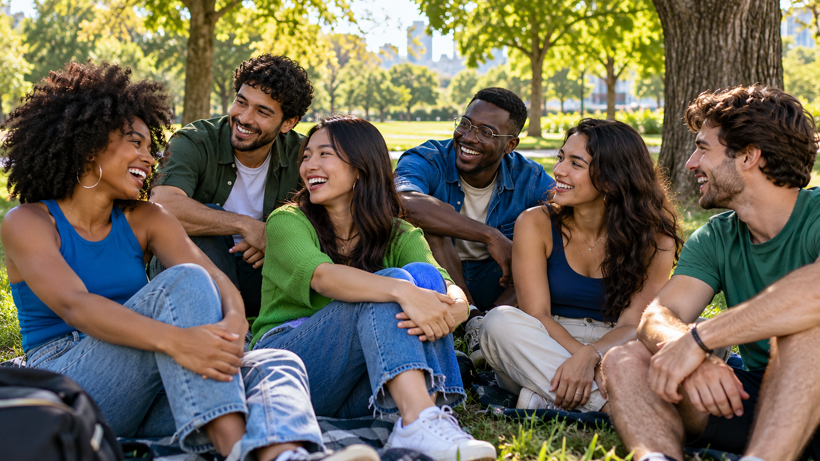 Jovens adultos em um parque desfrutando de amizade e diversidade