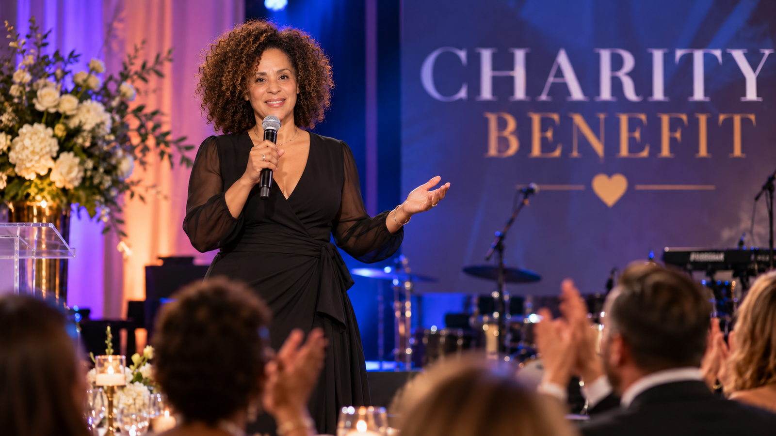 Mulher afro-americana se apresentando em evento beneficente.