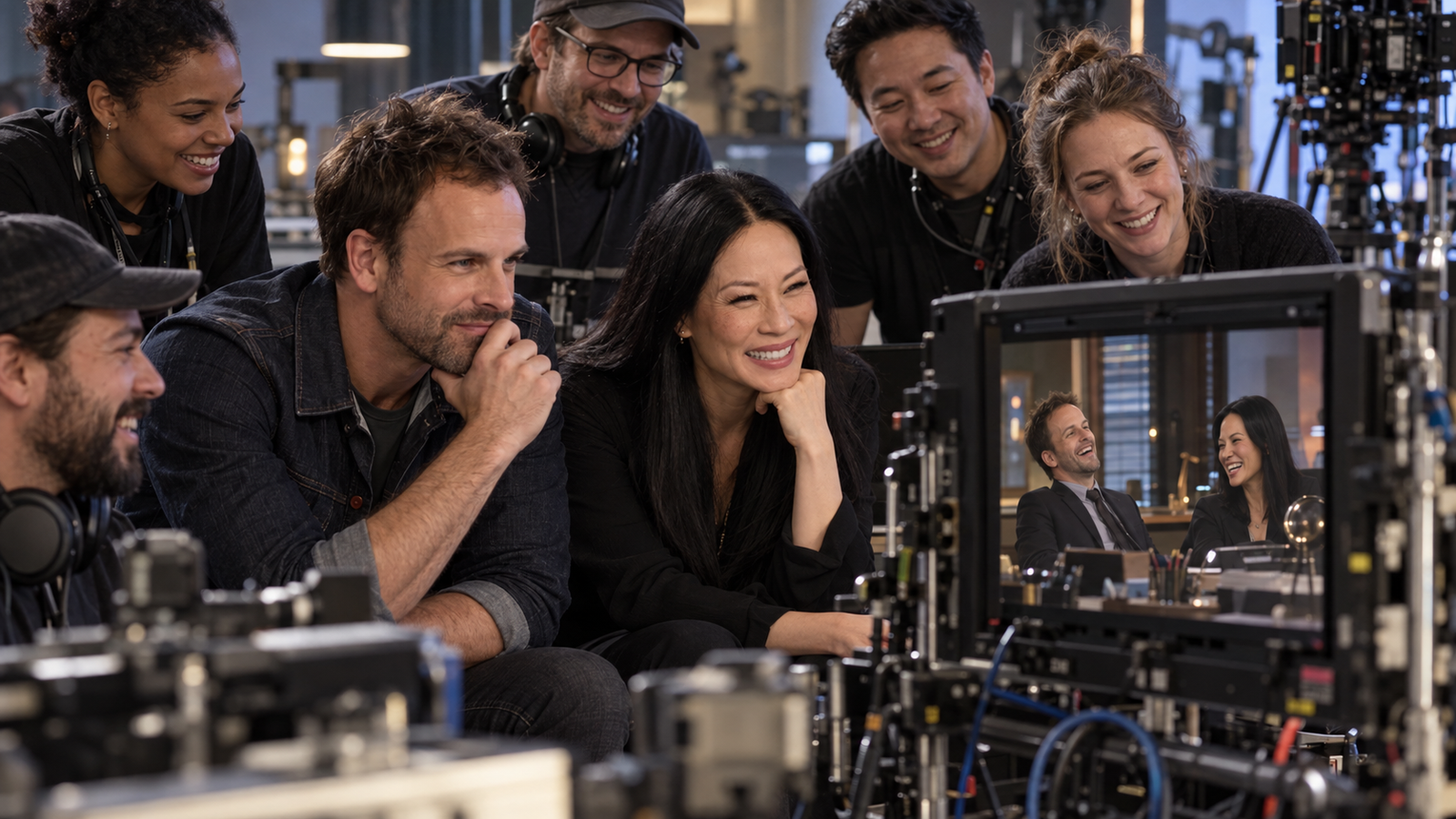Equipe de filmagem de Elementary revisando erros de gravação em estúdio