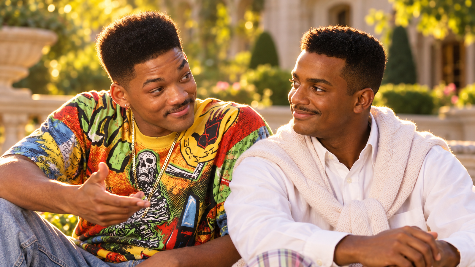 Dois amigos afro-americanos em conversa emocional genuína em ambiente externo com iluminação natural quente