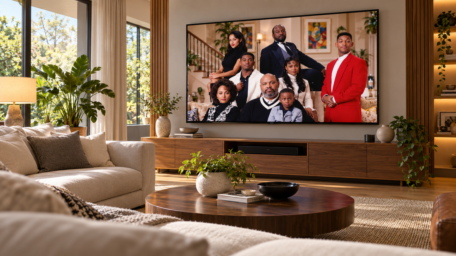 Sala moderna com TV exibindo "Um Maluco no Pedaço"