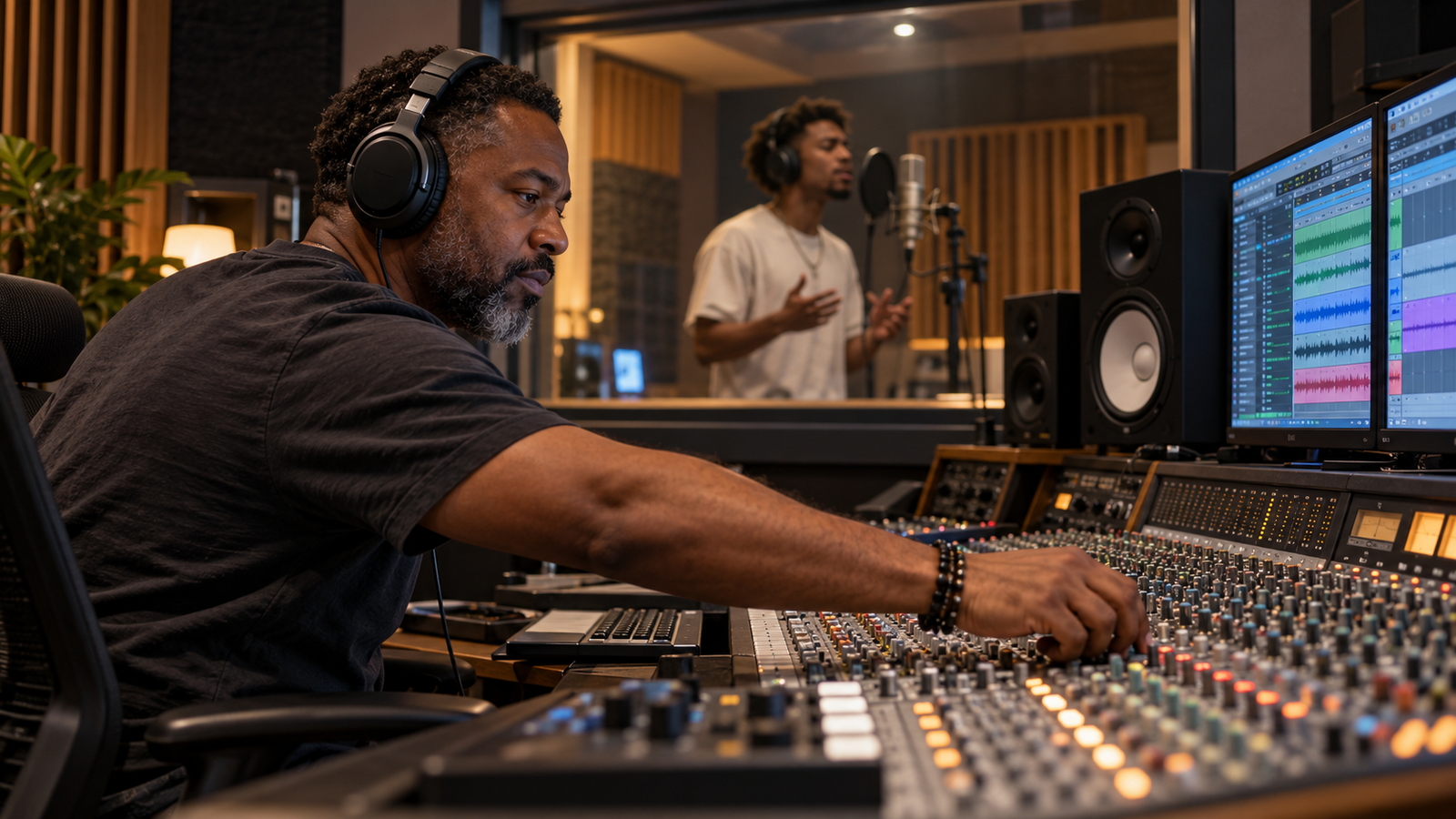 DJ em estúdio de gravação com artista jovem.